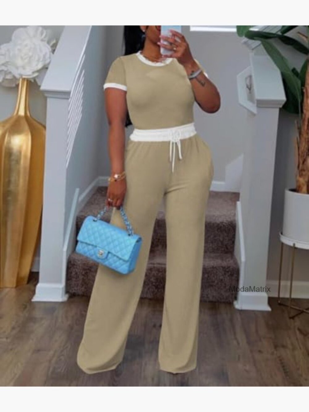 2 Piece Lounge Set Short Sleeve Wide Leg Pants Tracksuit - Picture 5 of 5